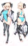  1girl ahoge aqua_swimsuit armpits arms_up ass bare_shoulders bed_sheet black_legwear blush bow breasts choker collarbone competition_swimsuit dakimakura deep_skin fate/grand_order fate_(series) feet grey_eyes groin hair_bow harukon_(halcon) highleg highleg_swimsuit highres jacket jacket_removed large_breasts long_sleeves looking_at_viewer lying multiple_views okita_souji_(fate) okita_souji_(fate)_(all) on_back on_stomach one-piece_swimsuit open_mouth pink_hair short_hair short_ponytail sideboob smile swimsuit thigh-highs toeless_legwear 