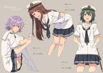  3girls blush brown_hair cellphone eyebrows_visible_through_hair flat_cap gloves green_eyes green_hair grey_background hair_between_eyes hat holding holding_weapon kantai_collection key_kun kiso_(kantai_collection) kuma_(kantai_collection) long_hair looking_at_viewer military military_uniform multiple_girls necktie nipple_slip nipples open_mouth panties pantyshot phone pink_hair shirt short_hair simple_background smartphone sword tama_(kantai_collection) thigh-highs underwear uniform violet_eyes weapon white_gloves white_legwear white_shirt 