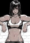 1girl abs arm_rest bangs bare_arms bare_shoulders breasts brick_wall collarbone dark_skin eye_of_horus facial_mark facial_tattoo finalcake groin hair_tubes hands_up highres lips looking_at_viewer medium_breasts medium_hair navel overwatch parted_lips pharah_(overwatch) red_lips side_braids sketch solo sports_bra stomach sweat swept_bangs tattoo toned upper_body 