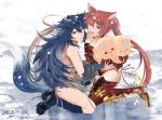  2girls :d animal_ears armor bangs bare_shoulders big_hair blue_hair breasts cerberus_(shingeki_no_bahamut) chain chained chains commentary_request dated dog_ears dog_girl eyebrows_visible_through_hair fang fenrir_(shingeki_no_bahamut) flat_chest from_side full_body gloves gold_trim granblue_fantasy hair_between_eyes half-closed_eyes hand_puppet large_breasts long_hair looking_at_viewer looking_to_the_side multiple_girls nuu_(liebe_sk) open_mouth parted_bangs paw_boots paw_gloves paws puppet red_eyes redhead signature sitting sketch_eyebrows slit_pupils smile spiky_hair tail tsurime twintails v-shaped_eyebrows very_long_hair wolf_ears wolf_girl wolf_tail 