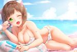  1girl ;d animal_ears bare_arms bare_shoulders bikini blue_nails blue_sky breasts brown_hair cat_ears cleavage clouds collarbone commentary_request day fang fingernails food frilled_bikini frills green_eyes hand_up heart highres holding holding_food horizon idolmaster idolmaster_cinderella_girls lying maekawa_miku medium_breasts nail_polish ocean on_side one_eye_closed open_mouth outdoors popsicle seashell shell shiratama_akane short_hair side-tie_bikini sky smile solo starfish swimsuit water wet white_bikini 