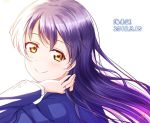 1girl anibache bangs blue_hair blush commentary_request dated hand_in_hair long_hair looking_at_viewer looking_back love_live! love_live!_school_idol_project otonokizaka_school_uniform portrait simple_background smile sonoda_umi white_background yellow_eyes 