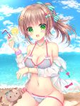  1girl :d animal bangs bare_shoulders bendy_straw bikini blue_sky blush bow bow_bikini breasts brown_hair cat cleavage clouds cloudy_sky collarbone commentary_request cup day drink drinking_glass drinking_straw eyebrows_visible_through_hair fang green_bow green_eyes hair_between_eyes hair_bow hair_ornament hairclip highres holding holding_drinking_glass hood hood_down hooded_jacket horizon ice ice_cube jacket jewelry kohinata_hoshimi long_hair medium_breasts necklace ocean off_shoulder open_mouth original outdoors pink_bow ponytail side-tie_bikini sky smile solo star striped striped_bow swimsuit vertical-striped_bikini vertical_stripes water white_jacket x_hair_ornament 