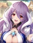  1girl ancient_killers_(phantom_of_the_kill) artist_request blush breasts cleavage cleavage_cutout eyebrows_visible_through_hair freischutz_(phantom_of_the_kill) gloves hair_between_eyes huge_breasts long_hair official_art open_mouth phantom_of_the_kill purple_hair red_eyes smile 
