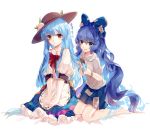  2girls artist_name aura bangs barefoot blue_bow blue_eyes blue_hair blue_skirt bow bracelet comb combing dated debt dress eyebrows_visible_through_hair food frilled_skirt frills fruit grey_hoodie hair_between_eyes hair_bow hands_in_hair hands_on_lap hat hinanawi_tenshi jewelry kneeling layered_dress leaf light_smile ling_mou long_hair looking_at_viewer multiple_girls open_mouth peach puffy_short_sleeves puffy_sleeves red_bow red_eyes short_sleeves simple_background single_tear sitting skirt sparkle touhou very_long_hair white_background yorigami_shion 