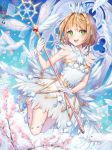  1girl :d bird blonde_hair blue_sky blush card_captor_sakura card_captor_sakura_clear_card cherry_blossoms crown dress eyebrows_visible_through_hair feathered_wings flower full_body gloves green_eyes holding holding_staff kinomoto_sakura looking_to_the_side open_mouth pink_flower pumps roang short_dress short_hair sky sleeveless sleeveless_dress smile solo staff symbol-shaped_pupils white_dress white_gloves white_wings wings 