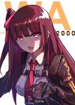  1girl absurdres bangs blazer blush breasts buckle character_name collared_shirt eyebrows_visible_through_hair fangs girls_frontline gloves hair_ribbon half_updo hands_up highres jacket large_breasts long_hair looking_at_viewer necktie one_side_up open_mouth purple_hair red_eyes red_neckwear ribbon shaded_face shirt signature simple_background solo strap tegar32 tsundere very_long_hair wa2000_(girls_frontline) white_background white_shirt 
