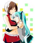  &gt;:( 2girls ^_^ aqua_background aqua_hair belt black_shirt blue_eyes blush bracelet breast_press breast_smother breasts brown_hair cheek-to-breast choker closed_eyes closed_eyes closed_mouth couple cowboy_shot detached_sleeves eyebrows_visible_through_hair eyelashes female frown green_background grey_shirt hatsune_miku height_difference hug jewelry long_hair looking_at_another medium_breasts meiko multicolored multicolored_background multiple_girls mutual_yuri nail_polish orange_background red_nails red_skirt shirt shiseriyo short_hair simple_background skirt sleeveless sleeveless_shirt smile standing tank_top twintails upper_body vocaloid white_background yuri 