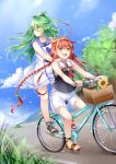  2girls :d ahoge bangs bare_arms bare_shoulders bicycle bicycle_basket black_ribbon black_shirt blue_neckwear blue_sailor_collar blue_sky blush braid brown_eyes clouds commentary_request day dress eyebrows_visible_through_hair fang flower green_eyes green_hair ground_vehicle hair_between_eyes hair_flaps hair_ornament hair_ribbon hairband highres kantai_collection kawakaze_(kantai_collection) long_hair looking_at_viewer looking_away looking_to_the_side low_twintails mashiro_aa multiple_girls multiple_riders neckerchief open_mouth outdoors petals redhead ribbon sailor_collar sailor_dress shirt short_shorts shorts sky sleeveless sleeveless_dress sleeveless_shirt smile standing sunflower twin_braids twintails very_long_hair white_dress white_hairband white_sailor_collar white_shorts yamakaze_(kantai_collection) yellow_flower 