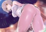  1girl ahoge ass bare_arms bare_shoulders blurry blurry_background blush breasts closed_mouth commentary_request eyebrows_visible_through_hair fate/grand_order fate_(series) from_below frown impossible_clothes impossible_towel jeanne_d&#039;arc_(alter)_(fate) jeanne_d&#039;arc_(fate)_(all) kztk large_breasts leaning_forward looking_at_viewer naked_towel night night_sky onsen outdoors partially_submerged rock short_hair silver_hair sky standing steam thighs towel water wavy_mouth wet wet_towel yellow_eyes 