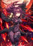  1girl bodysuit breasts covered_navel eyebrows_visible_through_hair fate/grand_order fate_(series) gabiran gae_bolg hair_intakes holding holding_weapon large_breasts long_hair looking_at_viewer open_mouth pauldrons polearm purple_bodysuit purple_hair red_eyes scathach_(fate/grand_order) shoulder_armor smile spear veil very_long_hair weapon 