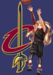  1girl arm_warmers azur_lane bare_shoulders basketball black_legwear blonde_hair blue_background cleveland_(azur_lane) cleveland_cavaliers highres jersey jumping leg_warmers logo long_hair national_basketball_association open_mouth outstretched_arms red_eyes shoes shorts simple_background sneakers socks solo sportswear twintails yakkuro 