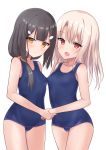  2girls absurdres asymmetrical_docking bangs bare_shoulders black_hair blue_swimsuit blush breast_press breasts closed_mouth collarbone fate/kaleid_liner_prisma_illya fate_(series) hair_ornament hair_ribbon hairclip hand_holding highres hips illyasviel_von_einzbern long_hair looking_at_viewer miyu_edelfelt multiple_girls natsu_(sinker8c) one-piece_swimsuit open_mouth red_eyes ribbon school_swimsuit side_ponytail simple_background small_breasts smile swimsuit thighs waist white_background white_hair yellow_eyes yellow_ribbon 