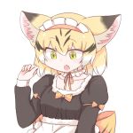  1girl adapted_costume alternate_costume animal_ears back_bow blonde_hair bow cat_ears commentary_request enmaided eyebrows_visible_through_hair fang fur_trim juliet_sleeves kemono_friends long_sleeves mahe_(hammerdskd) maid maid_dress maid_headdress multicolored_hair neck_ribbon open_mouth puffy_sleeves ribbon sand_cat_(kemono_friends) short_hair solo yellow_eyes 