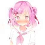  1girl ayadrevismad blush commentary doki_doki_literature_club english_commentary hair_ornament hair_ribbon hairclip highres looking_at_viewer natsuki_(doki_doki_literature_club) nose_blush pink_eyes pink_hair red_ribbon ribbon school_uniform serafuku short_hair simple_background solo tears two_side_up upper_body white_background white_serafuku 
