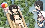  3girls air_mattress akagi_(kantai_collection) ball beachball bikini black_hair brown_hair commentary floating food fruit green_bikini hair_between_eyes hamu_koutarou harusame_(kantai_collection) hat highres kantai_collection long_hair lying multiple_girls on_back one-piece_swimsuit open_mouth oyashio_(kantai_collection) partially_submerged pink_hair school_swimsuit school_uniform short_hair side_ponytail smile sunglasses swimsuit water watermelon white_hat 