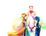  1girl blonde_hair bodysuit breasts cape commentary_request curly_hair dragon_quest dragon_quest_ii dress goggles goggles_on_head goggles_on_headwear hat hood hood_up kuzumosu long_hair looking_at_viewer multiple_boys prince_of_lorasia prince_of_samantoria princess_of_moonbrook short_hair spiky_hair white_robe 