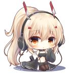  1girl ayanami_(azur_lane) azur_lane bangs bare_shoulders black_jacket black_legwear black_shorts blush breasts brown_eyes chibi cleavage commentary_request crop_top eyebrows_visible_through_hair full_body hair_between_eyes hair_ornament hairclip hand_up headgear headphones high_ponytail jacket light_brown_hair long_hair looking_at_viewer navel off_shoulder open_clothes open_jacket pantyhose parted_lips ponytail seiza short_shorts shorts sitting sleeves_past_fingers sleeves_past_wrists small_breasts solo twitter_username very_long_hair white_background wide_sleeves yukiyuki_441 