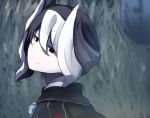  1girl absurdres bangs black_hair black_jacket closed_mouth commentary_request eyebrows_visible_through_hair hair_between_eyes head_tilt highres horns jacket looking_at_viewer looking_to_the_side made_in_abyss multicolored_hair ozen pale_skin portrait short_hair smile solo two-tone_hair wada_kazu white_hair 