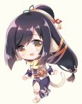  1girl :d ainu_clothes animal_ears bangs beige_background black_hair black_skirt blush brown_eyes brown_footwear chibi commentary_request eyebrows_visible_through_hair full_body hair_between_eyes hair_bun hair_ornament japanese_clothes kimono kuon_(utawareru_mono) long_hair long_sleeves looking_at_viewer low-tied_long_hair obi open_mouth sash short_kimono simple_background skirt smile solo standing standing_on_one_leg tail utawareru_mono utawareru_mono:_itsuwari_no_kamen very_long_hair white_kimono zinczinc_ka 