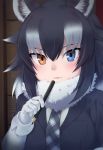  1girl :3 animal_ears bangs blue_eyes closed_mouth eyebrows_visible_through_hair fang fang_out fur_collar gloves grey_wolf_(kemono_friends) hair_between_eyes heterochromia holding holding_pencil kemono_friends long_hair looking_at_viewer nyifu orange_eyes pencil plaid_neckwear silver_hair solo tsurime upper_body white_gloves white_hair wolf_ears 