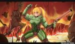 1girl armor blonde_hair blood blood_on_face cosplay crossover demon doom_(game) doomguy doomguy_(cosplay) face_punch green_armor gun hell holding holding_weapon horns in_the_face long_hair nas_(z666ful) punching red_eyes shotgun spikes wavy_hair weapon yang_xiao_long 