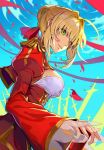  1girl bangs blonde_hair blue_sky braid breasts cleavage commentary_request dress epaulettes eyebrows_visible_through_hair fate/grand_order fate_(series) field_of_blades french_braid from_side green_eyes hair_bun hair_intakes highres juliet_sleeves large_breasts long_sleeves nero_claudius_(fate) nero_claudius_(fate)_(all) outdoors parted_lips pokimari puffy_sleeves red_dress red_ribbon ribbon sideboob sky sword weapon wide_sleeves 