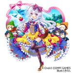  1girl 6+boys :d apple basket black_hair blonde_hair blue_hair blue_sky blush bow clouds cosplay food frills fruit glasses gloves green_hat hair_bow hand_up hat holding holding_food long_hair looking_at_viewer multiple_boys nonno official_art open_mouth orange_hat pink_bow pink_ribbon purple_hat red_bow red_hat ribbon silver_hair sky smile snow_white snow_white_(grimm) snow_white_(grimm)_(cosplay) snow_white_and_the_seven_dwarfs standing standing_on_one_leg tokinon tree violet_eyes white_gloves x-overd yellow_footwear yellow_hat 
