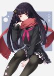  1girl bangs between_legs black_hair black_legwear character_name closed_mouth commentary_request eyebrows_visible_through_hair girls_frontline hair_ornament hand_between_legs hand_up highres long_hair long_sleeves looking_back nagidori pantyhose pink_neckwear pleated_skirt red_scarf scarf school_uniform serafuku sidelocks sitting skirt solo type_100_(girls_frontline) violet_eyes 