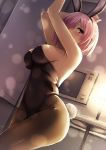  1girl akita_hika alternate_costume animal_ears armpits arms_up bangs blush breasts bunny_girl bunny_tail bunnysuit covered_navel dress eyebrows_visible_through_hair fate/grand_order fate_(series) from_below hair_over_eyes hair_over_one_eye highres indoors large_breasts looking_at_viewer mash_kyrielight one_eye_covered pantyhose pink_hair rabbit_ears short_hair sideboob sleeveless sleeveless_dress tail violet_eyes 