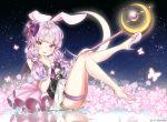  1girl 2018 animal_ears bangs blush bow bug butterfly crescent_moon dated dress flower hair_bow high_heels highres holding holding_staff insect long_hair looking_at_viewer low_twintails moon open_mouth pink_flower purple_bow purple_footwear purple_hair rabbit_ears rimu_(gucg8333) shoes short_dress sitting solo sparkle staff star_(sky) teeth thigh_strap twintails violet_eyes vocaloid voiceroid white_dress yuzuki_yukari 