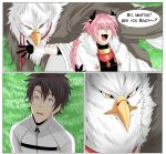  2boys armor astolfo_(fate) bangs beak black_bow blair_(touya1) blue_eyes bow braid chaldea_uniform colored comic commentary creature english english_commentary eyebrows_visible_through_hair fang fate/grand_order fate_(series) feathers fujimaru_ritsuka_(male) gauntlets grass griffin hair_between_eyes hair_bow hair_ribbon highres hippogriff jacket leash long_hair multicolored_hair multiple_boys open_mouth otoko_no_ko outdoors pink_hair ribbon short_hair single_braid speech_bubble sweatdrop violet_eyes white_jacket wings yellow_eyes 