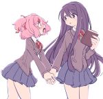  2girls blue_skirt blush book commentary doki_doki_literature_club eyebrows_visible_through_hair hair_ornament hair_ribbon hairclip holding holding_book holding_hand ica_tm long_hair long_sleeves looking_at_another multiple_girls natsuki_(doki_doki_literature_club) open pink_eyes pink_hair pleated_skirt purple_hair red_ribbon ribbon school_uniform short_hair simple_background skirt two_side_up violet_eyes white_background yuri yuri_(doki_doki_literature_club) 