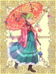  1girl blue_kimono brown_footwear chains earrings flower full_body gloves green_eyes green_hair hair_flower hair_ornament hakama japanese_clothes jewelry kerberos_blade kimono official_art oriental_umbrella over_shoulders pink_gloves r_gray11 shoes short_hair solo standing striped striped_kimono umbrella wide_sleeves 