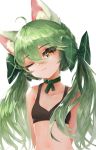  1girl ahoge alternate_costume animal_ears art556_(girls_frontline) bangs bare_shoulders bikini black_bikini blush bow breasts brown_eyes cat_ears choker closed_mouth collarbone dokomon eyebrows_visible_through_hair eyes_visible_through_hair girls_frontline green_bow green_hair hair_between_eyes hair_bow half-closed_eye head_tilt highres long_hair looking_at_viewer navel one_eye_closed sidelocks simple_background small_breasts smile solo stomach swimsuit twintails upper_body very_long_hair white_background 