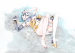  .th 1girl alternate_hairstyle android barefoot blue_hair breasts commentary cyborg elbow_gloves feet gloves highres kos-mos large_breasts redesign short_hair solo under_boob xenosaga 