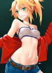  1girl absurdres belt blonde_hair blue_shorts bra breasts cleavage collarbone eyebrows_visible_through_hair fate/apocrypha fate_(series) green_background green_eyes grin hair_between_eyes high_ponytail highres jacket jewelry long_hair looking_at_viewer midriff mk_(lazymk) mordred_(fate) mordred_(fate)_(all) navel necklace open_clothes open_jacket red_jacket short_shorts shorts small_breasts smile solo standing stomach torn_clothes torn_shorts underwear white_bra 