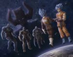  6+boys anti-monitor armor crossover darkseid dc_comics dougi dragon_ball dragon_ball_super galactus giant gloves glowing glowing_eyes marvel multiple_boys muscle planet purple_skin realistic red_eyes sam_delatore son_gokuu spiky_hair super_saiyan_blue thanos vegeta wristband 