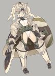  1girl :o black_footwear blade_(galaxist) blonde_hair blue_eyes blush breasts commentary_request copyright_request full_body gauntlets grey_background helmet highleg highleg_leotard holding holding_shield holding_sword holding_weapon leotard long_hair looking_at_viewer parted_lips pointy_ears shield simple_background small_breasts solo standing sword twintails weapon white_leotard 
