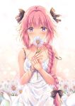  1boy astolfo_(fate) bangs bare_arms bare_shoulders black_bow black_bra black_ribbon blush bow bra braid collarbone covered_mouth covering_mouth dress eyebrows_visible_through_hair fate/apocrypha fate/grand_order fate_(series) field flower flower_field hair_between_eyes hair_bow hair_over_shoulder hair_ribbon highres holding holding_flower leaf long_hair looking_at_viewer male_focus multicolored_hair nail_polish petals pink_hair pink_nails ribbon see-through shiny shiny_hair sidelocks single_braid solo standing strap_slip streaked_hair sundress trap underwear very_long_hair violet_eyes wet wet_clothes wet_dress white_dress white_flower white_ribbon wind wrist_ribbon yuriko 