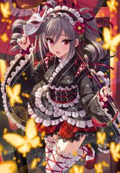  1girl :d bug butterfly drill_hair fox_mask gothic_lolita grey_hair hairband high_heels highres idolmaster idolmaster_cinderella_girls insect japanese_clothes kanzaki_ranko kimono lolita_fashion lolita_hairband looking_at_viewer mask nail_polish open_mouth oriental_umbrella red_nails smile solo thigh-highs twin_drills umbrella urabi_(tomatohouse) violet_eyes white_legwear 