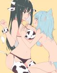 2girls :q animal_ears animal_print bangs bell bell_collar black_hair black_panties blue_bra blue_eyes blue_hair blue_panties bra breast_grab breasts cat_ears clenched_hand collar cow_ears cow_horns cow_print cow_tail garter_belt grabbing hand_up horns large_breasts licking_lips long_hair looking_at_another medium_breasts medium_hair midriff multiple_girls navel open_mouth original panties print_bra side-tie_panties sideboob simple_background smile sou_(tuhut) sweatdrop tail thigh-highs tongue tongue_out underwear underwear_only wrist_cuffs yellow_background yuri