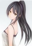  1girl black_hair character_request floating_hair from_side grey_background grey_shirt hair_between_eyes head_tilt high_ponytail long_hair nannacy7 shirt simple_background sleeveless sleeveless_shirt smile solo upper_body very_long_hair yellow_eyes 