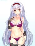  1girl bangs bare_shoulders blush bra breasts brown_eyes brown_gloves closed_mouth collarbone cowboy_shot eyebrows_visible_through_hair gloves gluteal_fold gradient gradient_background groin hairband hand_on_own_chest hand_on_own_thigh head_tilt headband kantai_collection lingerie long_hair navel panties partly_fingerless_gloves purple_bra purple_panties red_headband rigging shirokitsune shoukaku_(kantai_collection) side-tie_panties sidelocks silver_hair simple_background smile solo stomach thigh-highs twitter_username underwear underwear_only white_legwear 