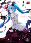  1girl blue_eyes blue_hair blush character_name copyright_name earrings floating_hair food from_side fruit hago hatsune_miku highres jewelry long_hair mary_janes necklace shoes shoes_removed sitting skirt smile solo strawberry thigh-highs twintails very_long_hair vocaloid white_background 