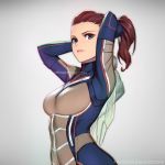  1girl arms_up blue_eyes bodysuit breasts brown_hair grey_background hips janet_van_dyne light_smile lips long_hair marvel nudtawut_thongmai parted_lips ponytail signature solo wasp_(marvel) 