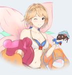  1girl ;) adore_(adoredesu) bikini_top blonde_hair blue_ribbon bracelet breasts brown_eyes cleavage collarbone djeeta_(granblue_fantasy) granblue_fantasy grey_background hairband highres holding jewelry looking_at_viewer medium_breasts navel one_eye_closed ribbon short_hair smile solo transparent upper_body wrist_cuffs 