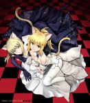  2girls ahoge animal_ears artist_name artoria_pendragon_(all) bangs black_dress black_ribbon blonde_hair breasts cat_ears cattail cleavage closed_mouth dark_persona dress elbow_gloves eyebrows_visible_through_hair fate/grand_order fate/stay_night fate_(series) gloves gothic_lolita green_eyes hair_between_eyes hair_bun high_heels legs lolita_fashion looking_at_viewer lying medium_breasts multiple_girls on_side plant ribbon saber_alter saber_lily seiza shirotsumekusa sitting thighs white_dress yellow_eyes 