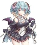  1girl aoiyamagi4 bat_wings black_gloves black_skirt blue_hair blush breasts brown_eyes brown_hair cape chains cleavage demon_horns elbow_gloves gloves gradient_hair hair_between_eyes horns lapis_(sennen_sensou_aigis) large_breasts looking_at_viewer multicolored_hair sennen_sensou_aigis simple_background skirt solo twintails two-tone_hair white_background white_neckwear wings wrist_cuffs 