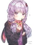  1girl 2018 :&lt; animal_hood artist_name bangs black_jacket blush bunny_hood closed_mouth dated eyebrows_visible_through_hair food fruit hair_ornament holding hood hood_down hooded_jacket jacket long_hair long_sleeves low_twintails open_clothes open_jacket pocky purple_hair rimu_(gucg8333) simple_background sleeves_past_wrists solo sparkle strawberry twintails upper_body violet_eyes vocaloid voiceroid white_background yuzuki_yukari 